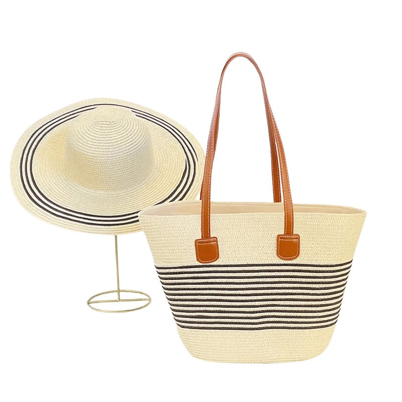 kit bolsa tote e chapéu de palha