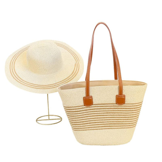 kit bolsa tote e chapéu de palha