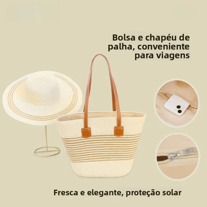 kit bolsa tote e chapéu de palha