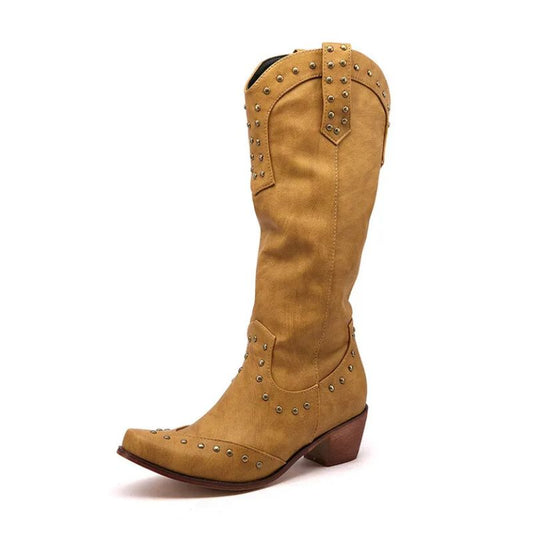 bota texana feminina cano alto bico fino com rebites Luana amarela