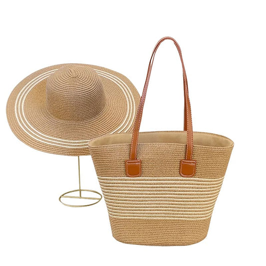 kit bolsa tote e chapéu de palha