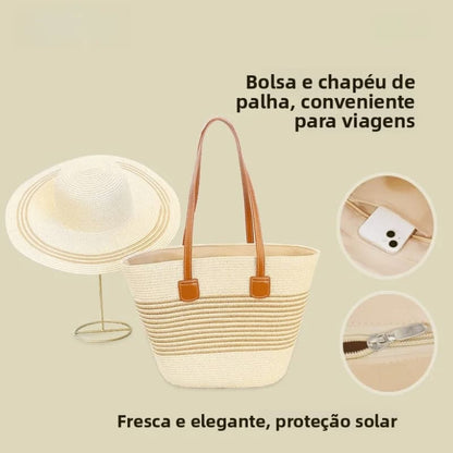 kit bolsa tote e chapéu de palha